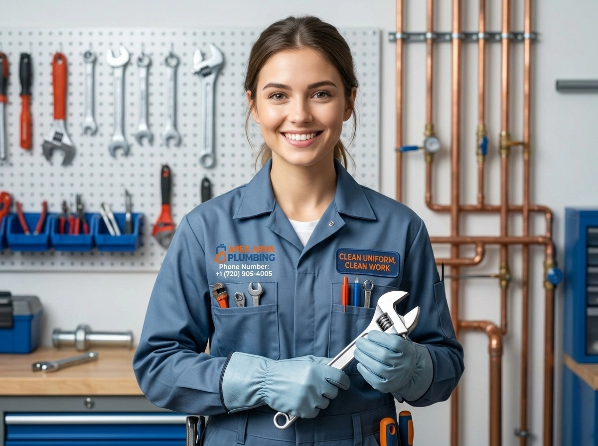 Clean work guarantee technician from Apex Arva Plumbing performing emergency plumbing assessment in Arvada CO