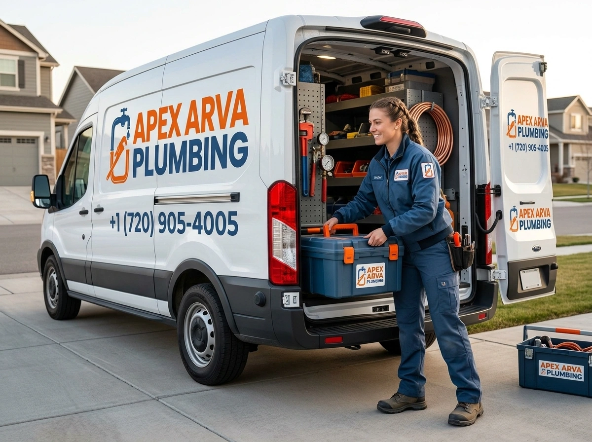 Fully equipped Apex Arva Plumbing service van staged in northwest Arvada CO for fast emergency plumbing dispatch