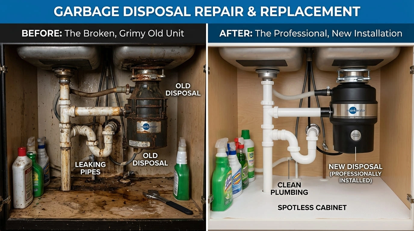Before and after garbage disposal repair replacement by Apex Arva Plumbing in Arvada CO