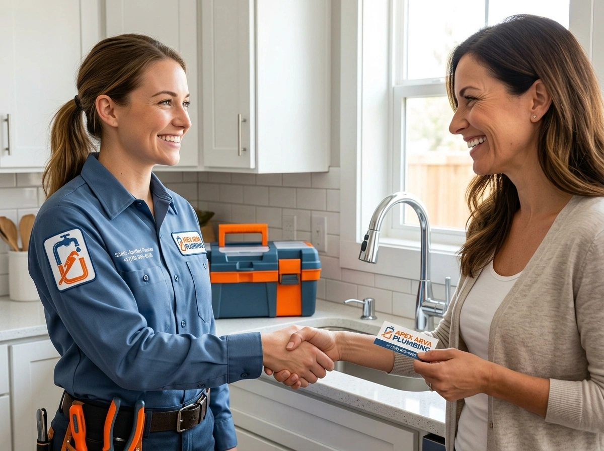 Apex Arva Plumbing technician handshake with Arvada CO homeowner showing customer service commitment