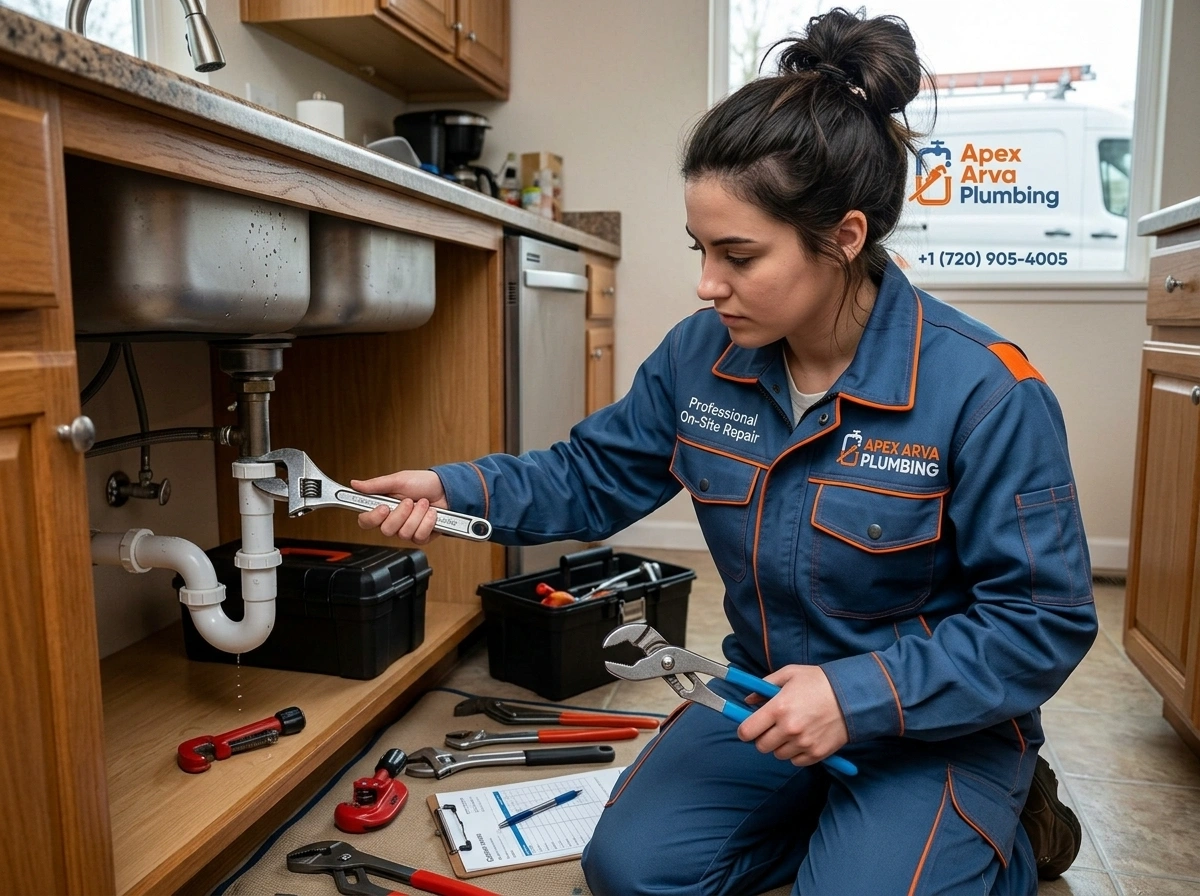 Professional pipe inspection and repair by Apex Arva Plumbing showing typical 1980s Arvada CO plumbing materials