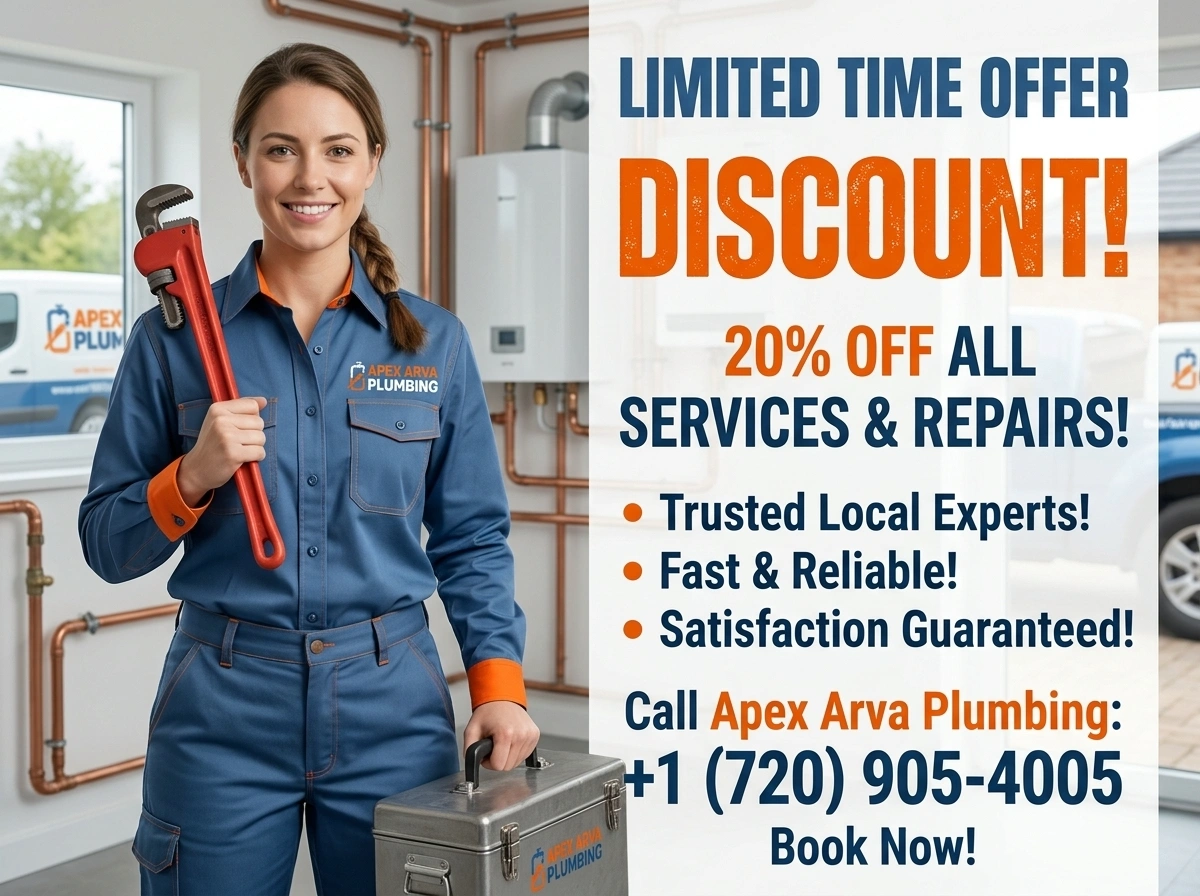 Service discount coupon for Apex Arva Plumbing Arvada CO showing current special offers on drain cleaning water heater and sewer services