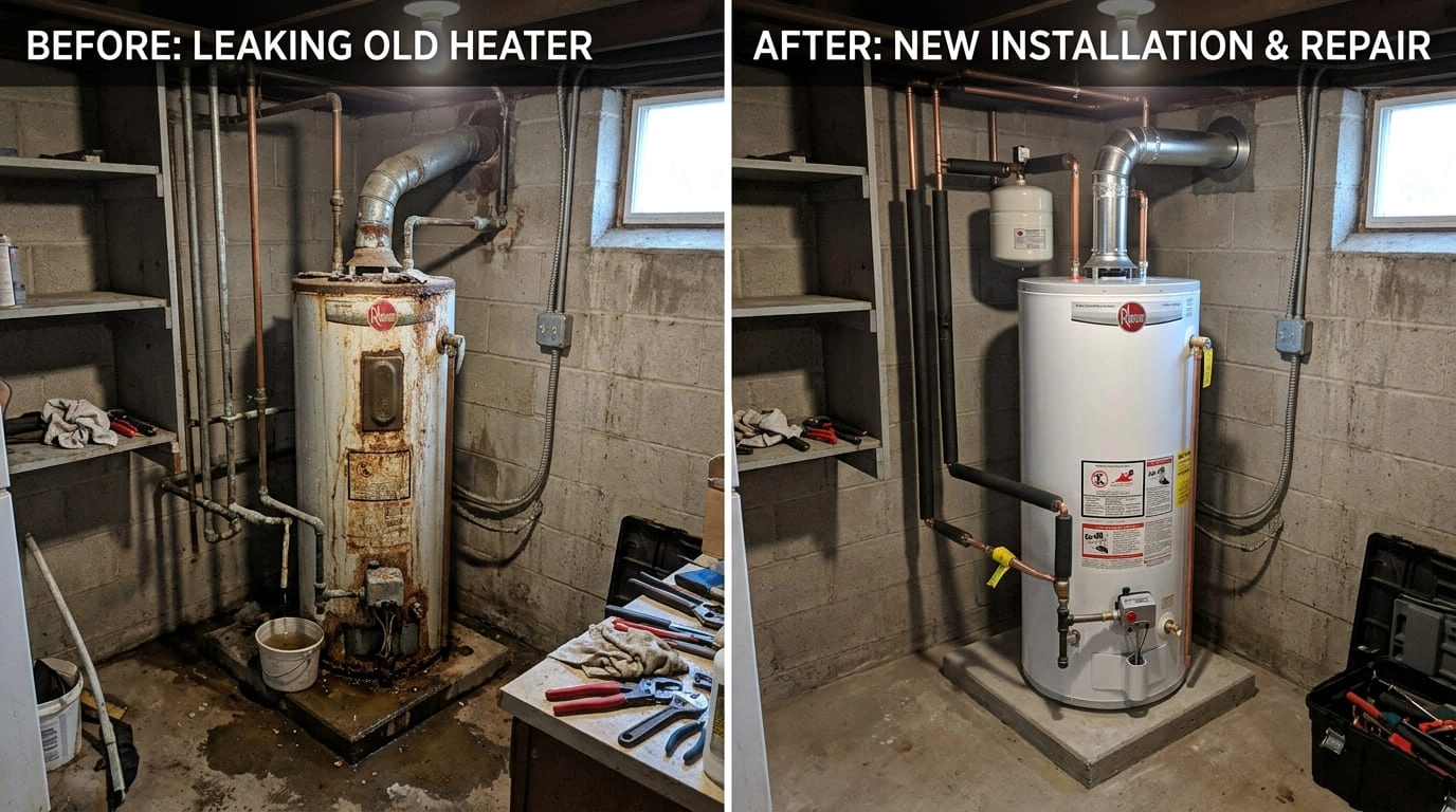 Before and after water heater replacement repair by Apex Arva Plumbing in Arvada CO showing proper material identification